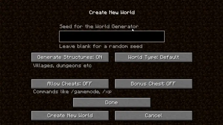 Screen to generate a world in Minecraft